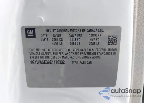 2014 Chevrolet Impala Limited Ls из США, поврежденный, VIN 2G1WA5E39E1176332